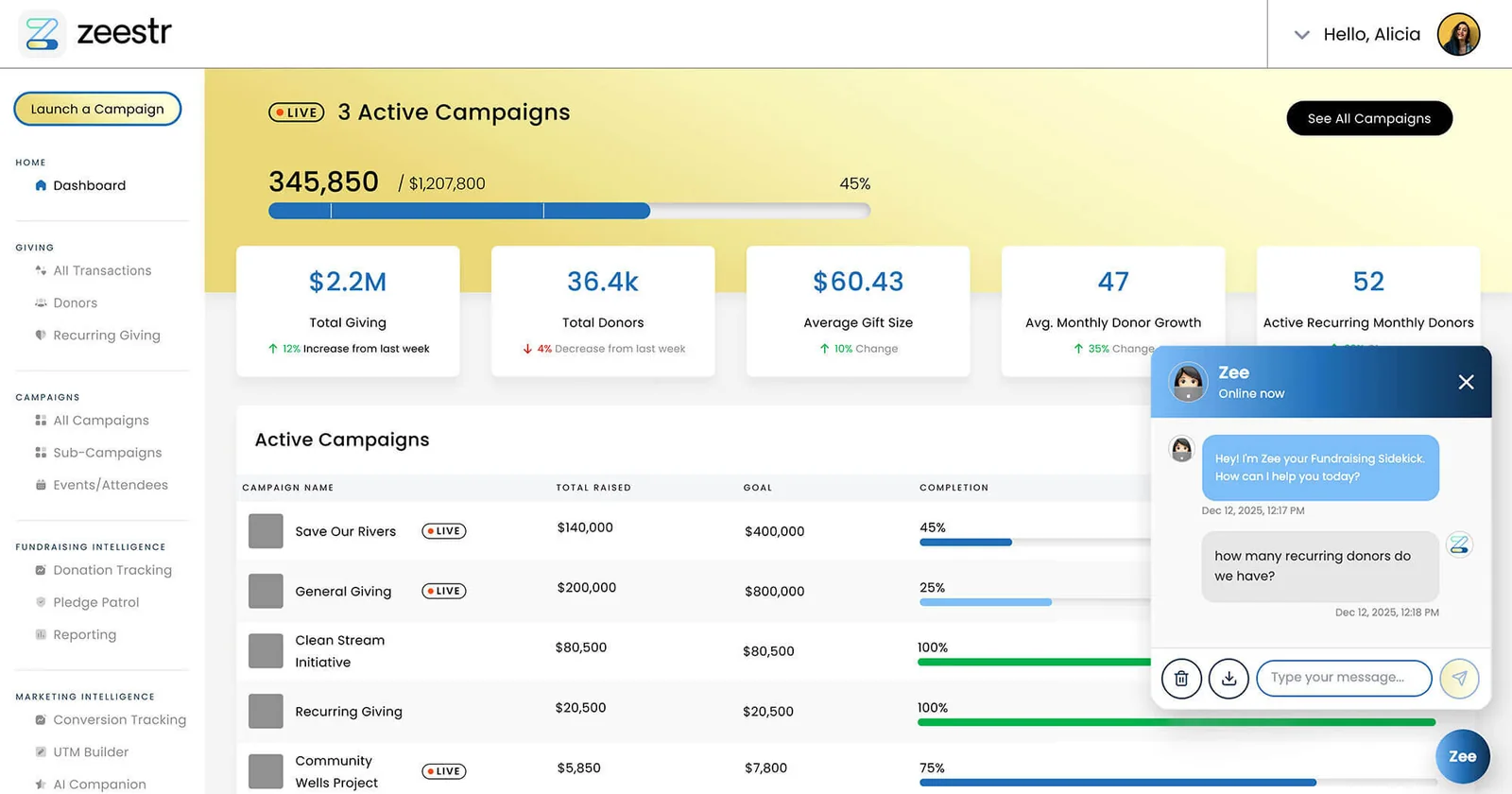 Zeestr dashboard: active campaigns, giving totals and Zee, the fundraising sidekick